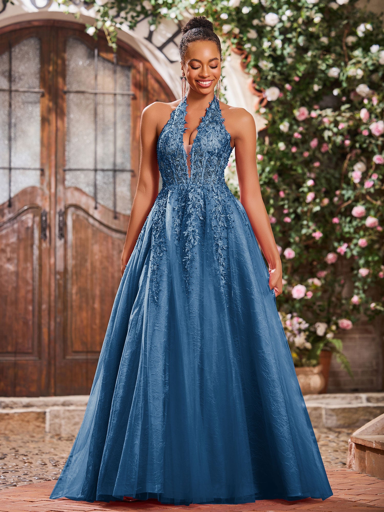Deep V-neck Appliqued Corset Tulle Lace Maxi Prom Dresses Ink Blue